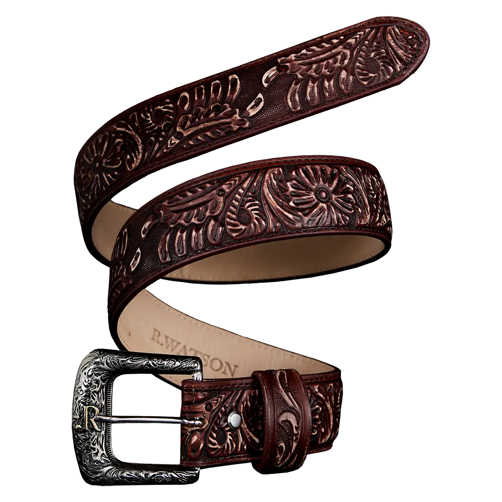 R. Watson Embossed Cowhide Belt - Cognac
