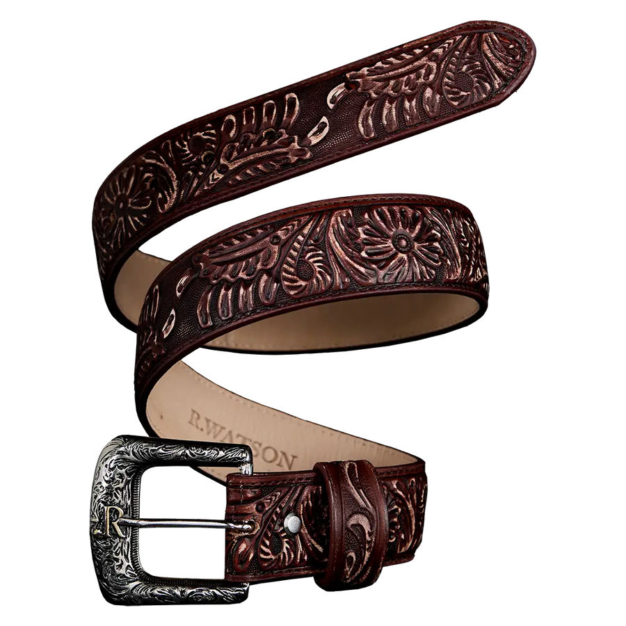 R. Watson Embossed Cowhide Belt - Cognac